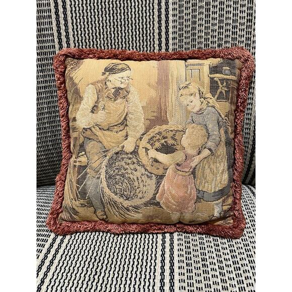 Antique FRENCH TAPESTRY w/ LITTLE GIRL TAKING BROKEN BASKET to the BASKET MAKER - Picture 11 of 11